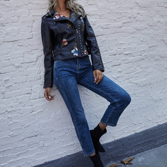 black embroidered floral leather biker moto jacket - Picture 5 of 8